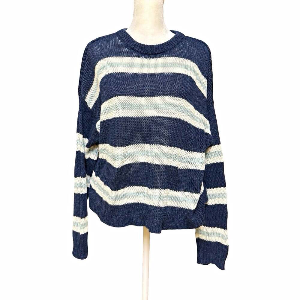 American Eagle Navy White Striped Knit Crewneck Ribbed Pullover Sweater Womens M